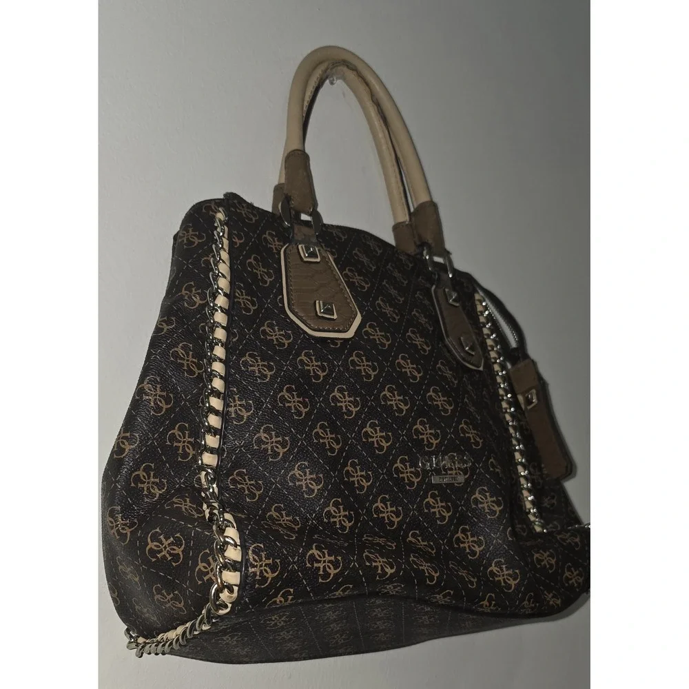 GUESS‎ Brown Beige Logo Chain Studded Satchel Bag Silver Hardware